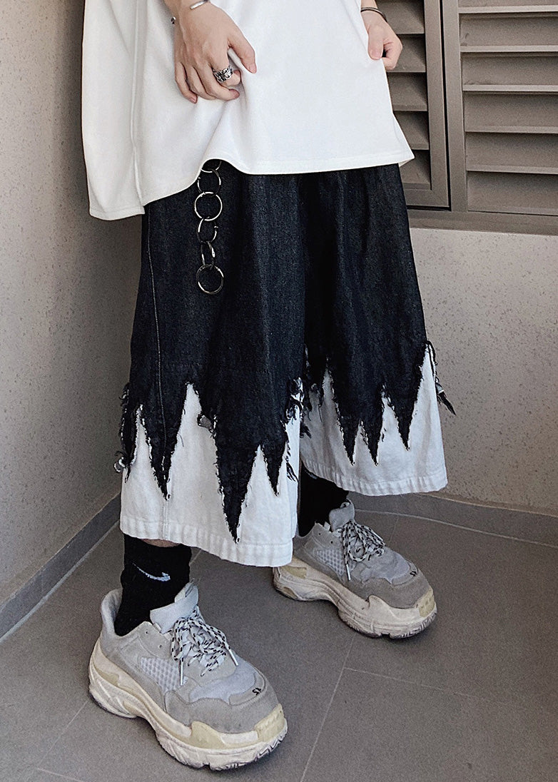 Cool Black Original Design Patchwork Denim Shorts Summer
