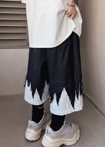 Cool Black Original Design Patchwork Denim Shorts Summer