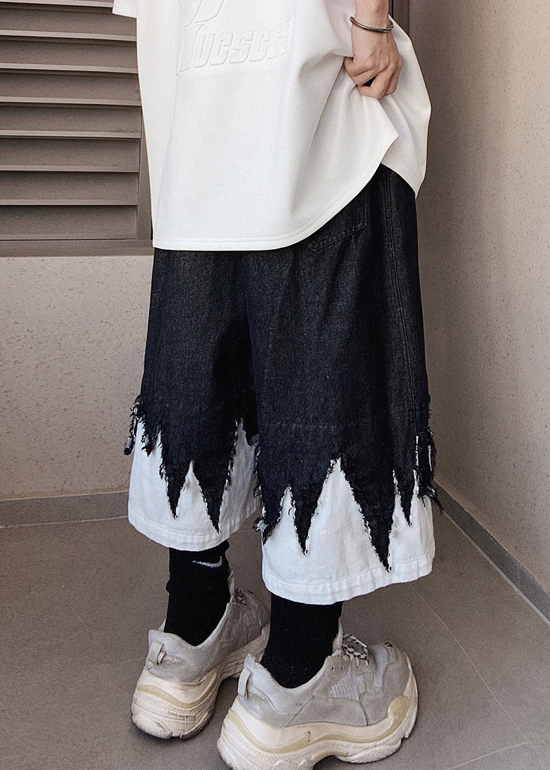 Cool Black Original Design Patchwork Denim Shorts Summer