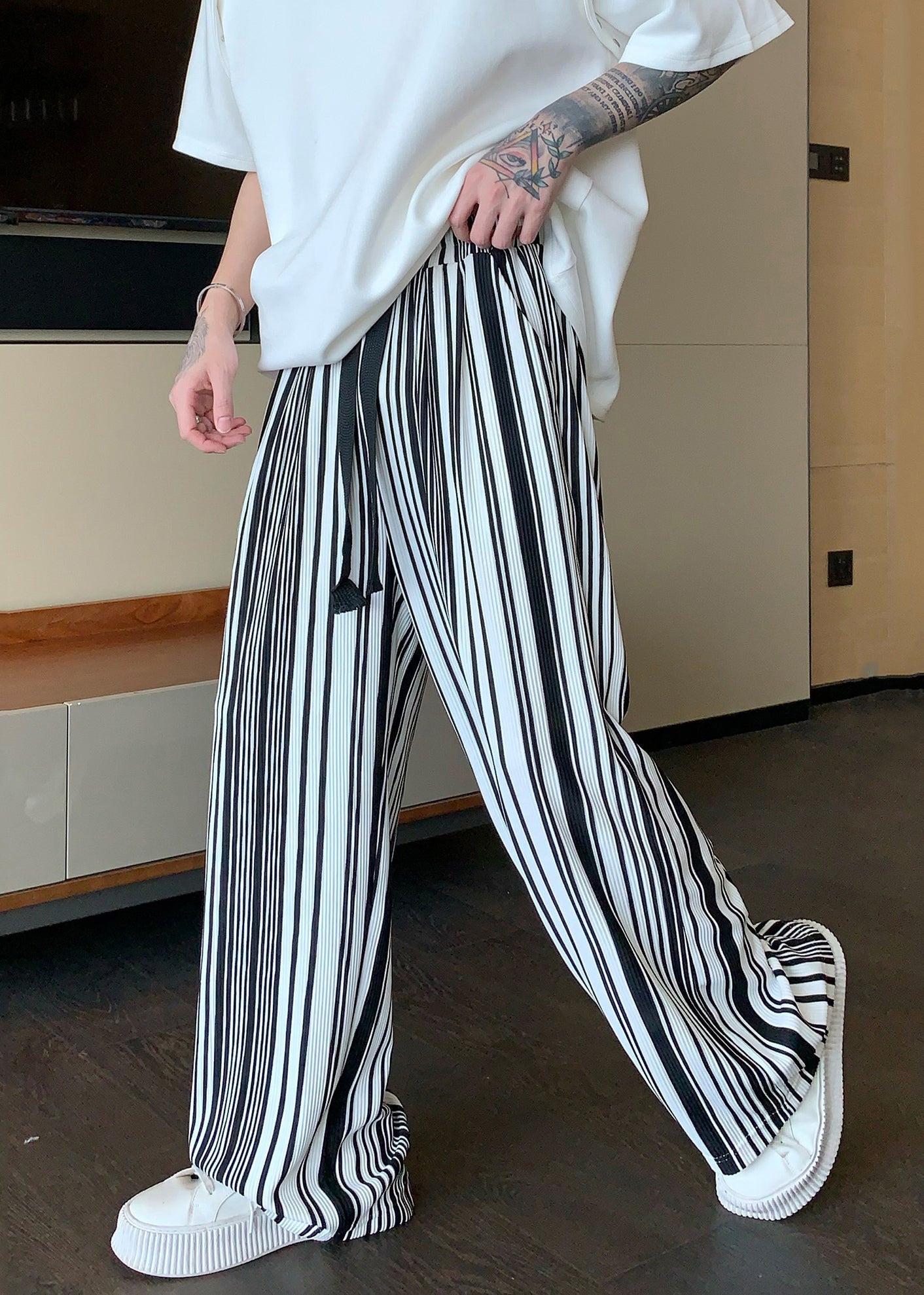 Cool Black Oversized Striped Cotton Pants Apparel Spring