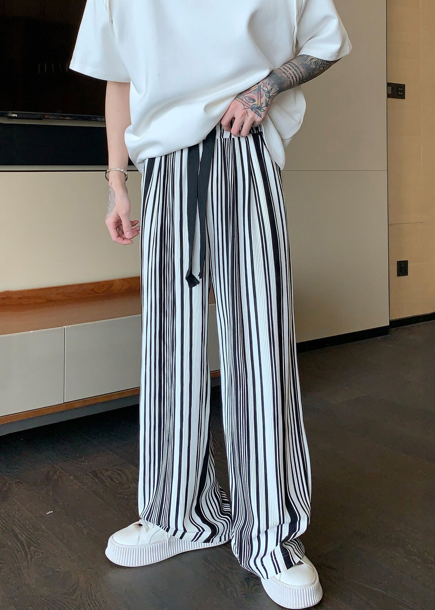 Cool Black Oversized Striped Cotton Pants Apparel Spring