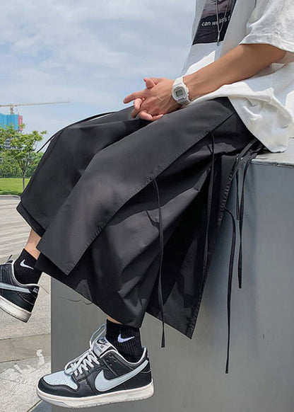 Cool Black Pockets Lace Up Cotton Summer Wide Leg Pants