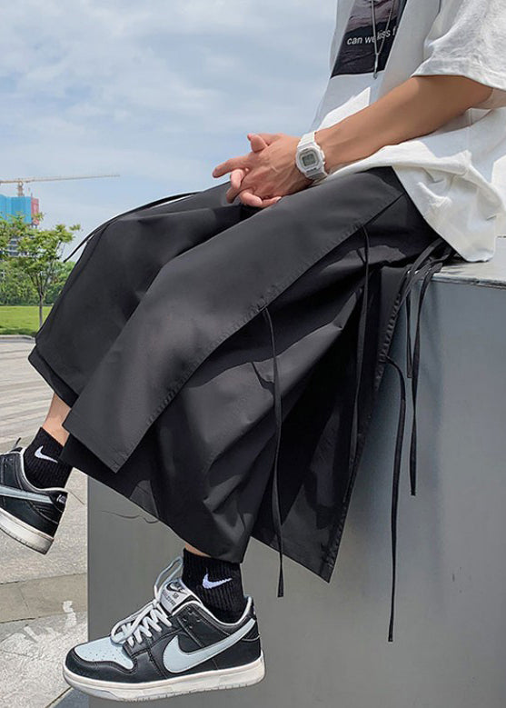 Cool Black Pockets Lace Up Cotton Summer Wide Leg Pants
