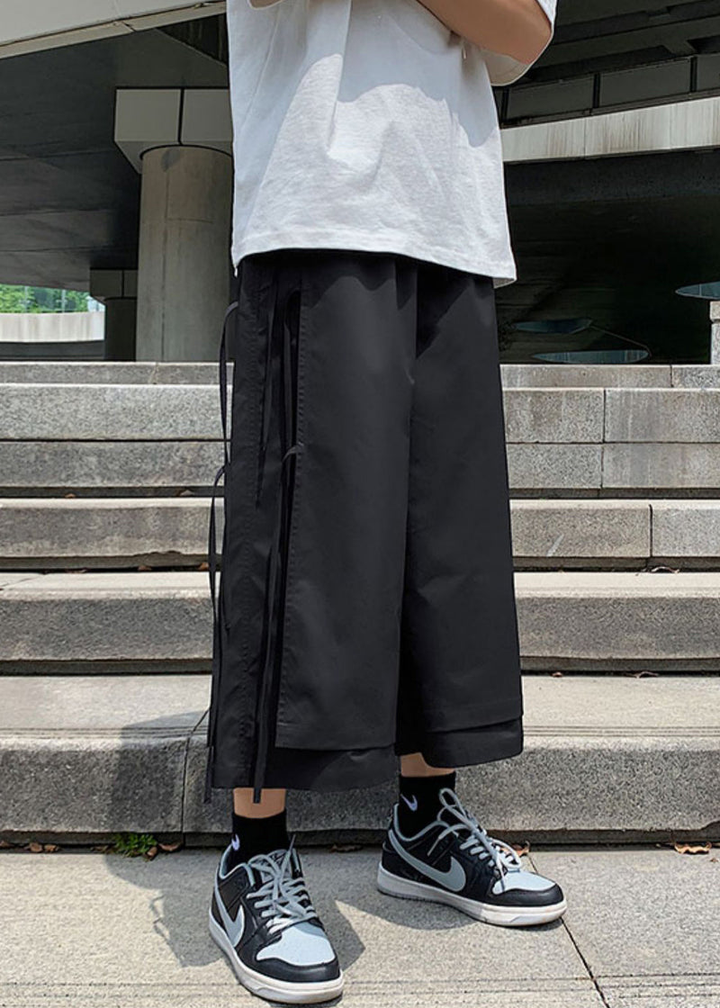 Cool Black Pockets Lace Up Cotton Summer Wide Leg Pants