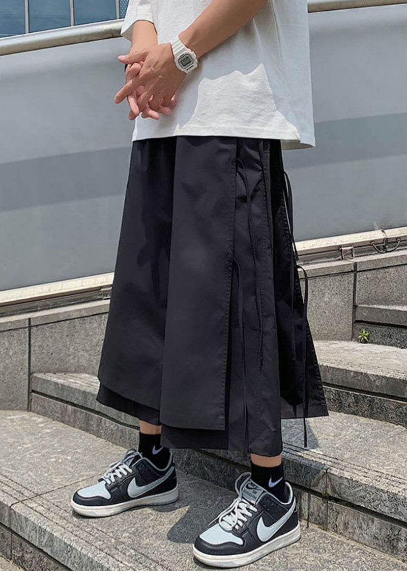Cool Black Pockets Lace Up Cotton Summer Wide Leg Pants