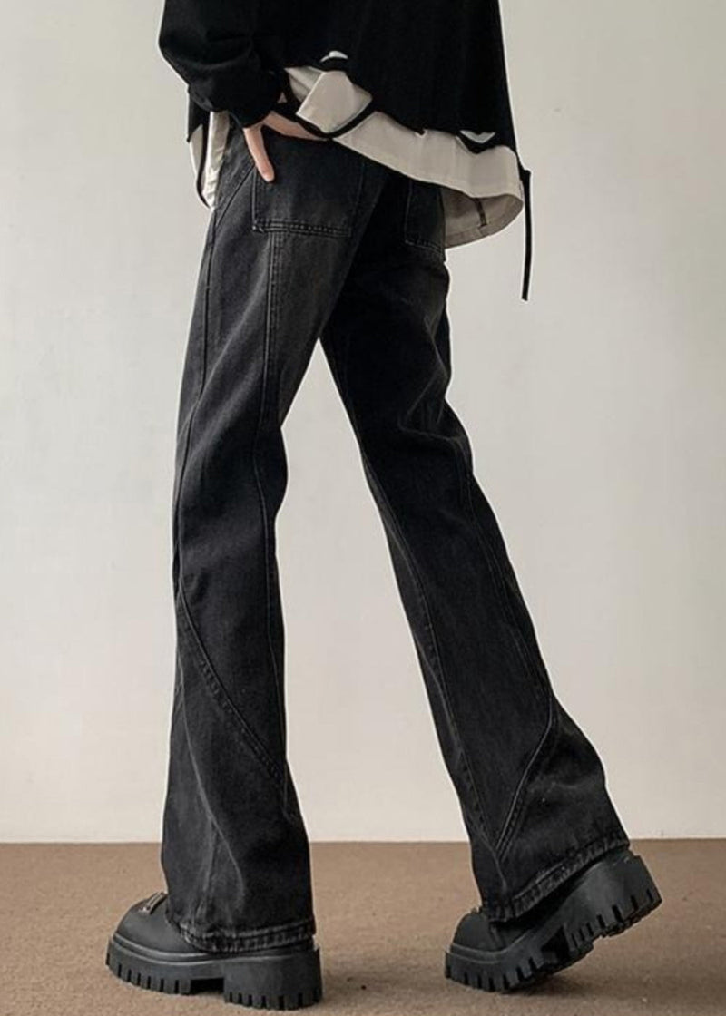 Cool Black Pockets Patchwork Slim Fit Denim Pants Fall