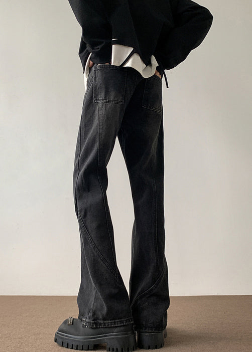 Cool Black Pockets Patchwork Slim Fit Denim Pants Fall
