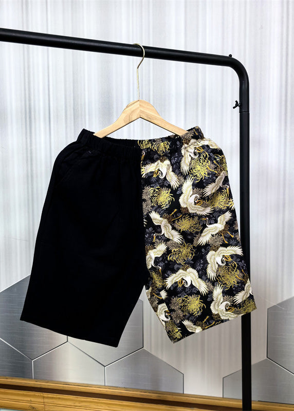 Cool Black Pockets Print Patchwork Cotton Shorts Summer