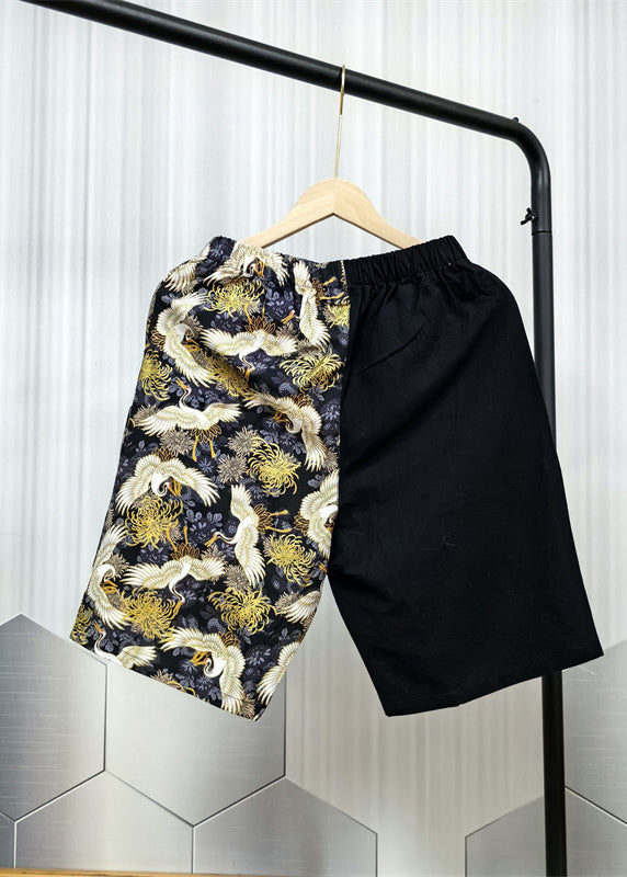Cool Black Pockets Print Patchwork Cotton Shorts Summer