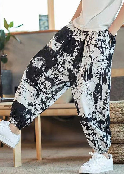 Cool Black Print Pockets Elastic Waist Cotton Crop Pants Summer