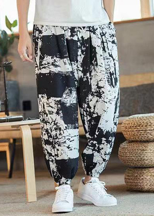 Cool Black Print Pockets Elastic Waist Cotton Crop Pants Summer