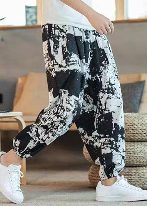 Cool Black Print Pockets Elastic Waist Cotton Crop Pants Summer