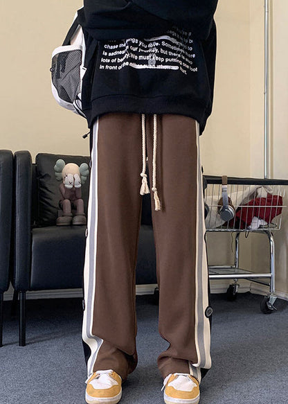 Cool Black Striped Drawstring Patchwork Cotton Pants Spring