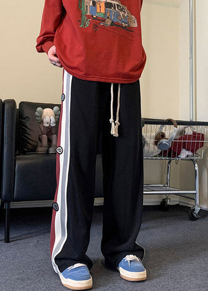 Cool Black Striped Drawstring Patchwork Cotton Pants Spring