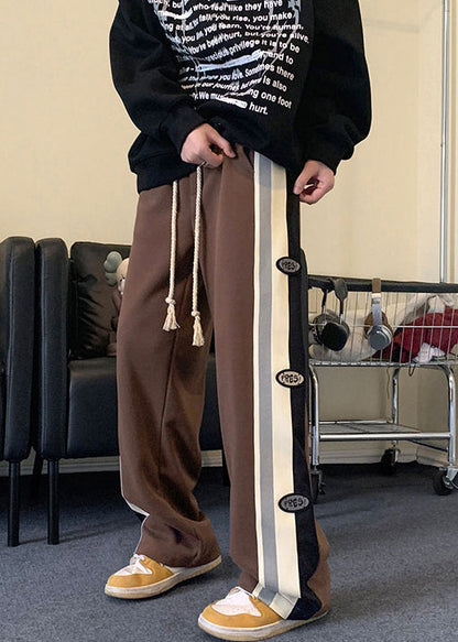Cool Black Striped Drawstring Patchwork Cotton Pants Spring