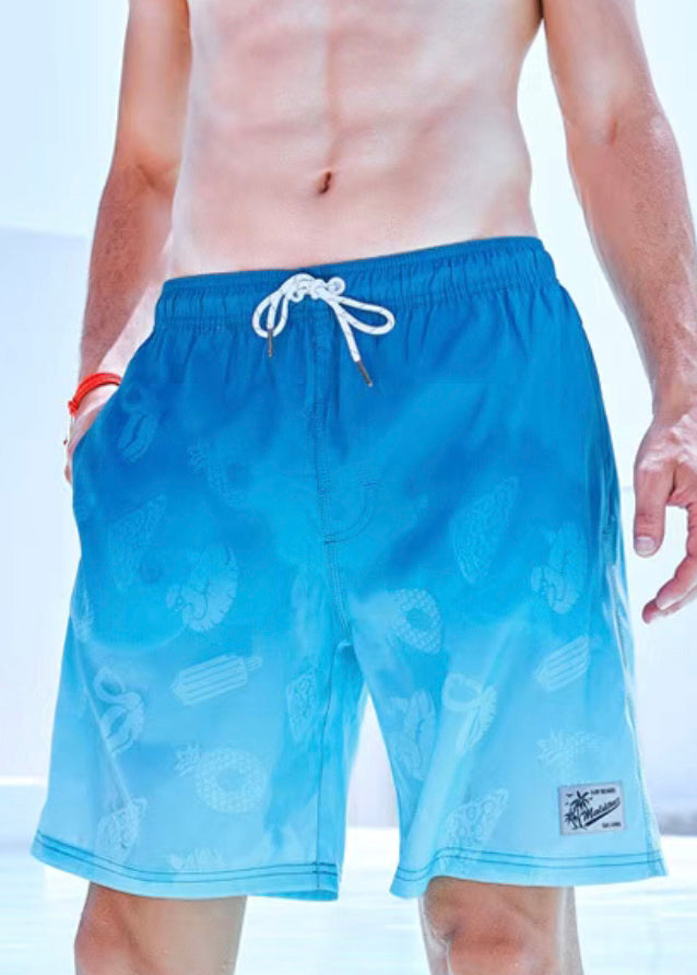 Cool Blue Gradient Color Drawstring Cotton Shorts Summer