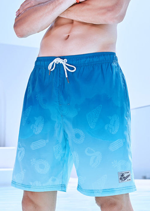 Cool Blue Gradient Color Drawstring Cotton Shorts Summer