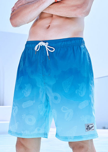 Cool Blue Gradient Color Drawstring Cotton Shorts Summer