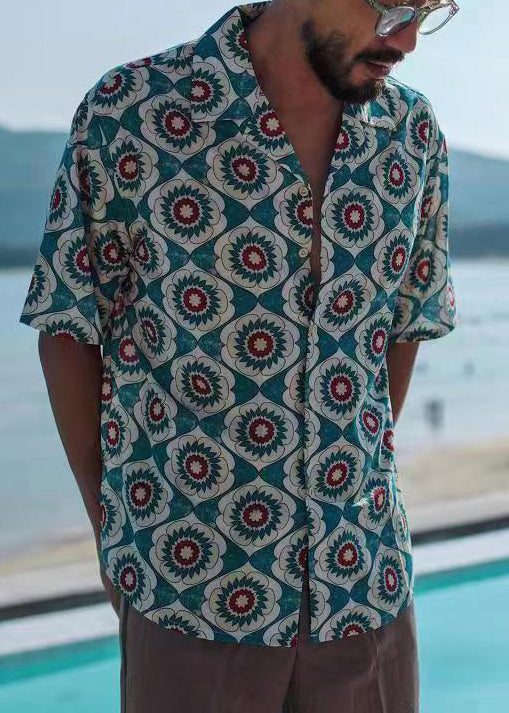 Cool Blue Peter Pan Collar Print Cotton Shirts Short Sleeve