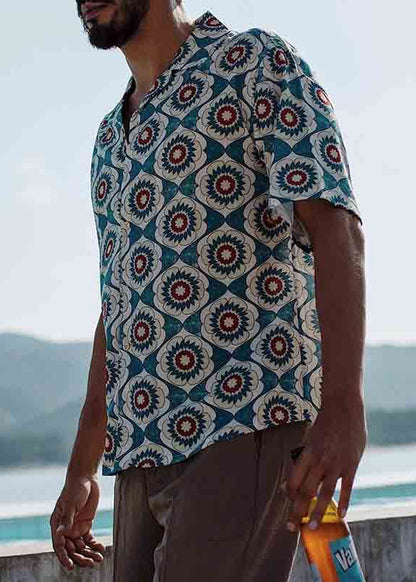 Cool Blue Peter Pan Collar Print Cotton Shirts Short Sleeve