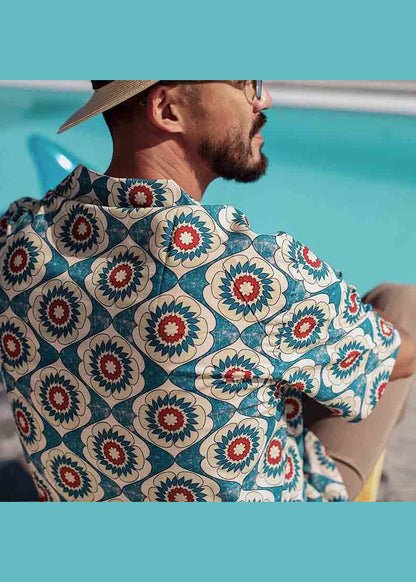Cool Blue Peter Pan Collar Print Cotton Shirts Short Sleeve