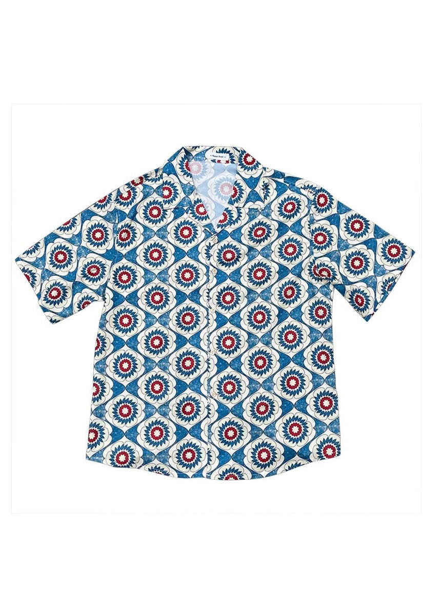 Cool Blue Peter Pan Collar Print Cotton Shirts Short Sleeve