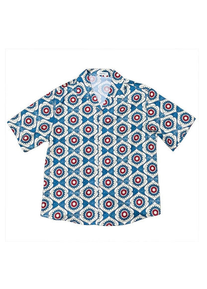 Cool Blue Peter Pan Collar Print Cotton Shirts Short Sleeve