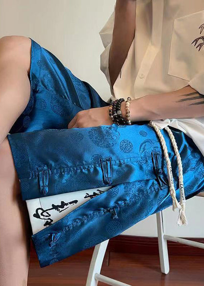 Cool Blue Pockets Print Chinese Button Ice Silk Shorts Summer