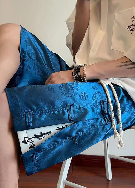 Cool Blue Pockets Print Chinese Button Ice Silk Shorts Summer