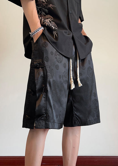 Cool Blue Pockets Print Chinese Button Ice Silk Shorts Summer
