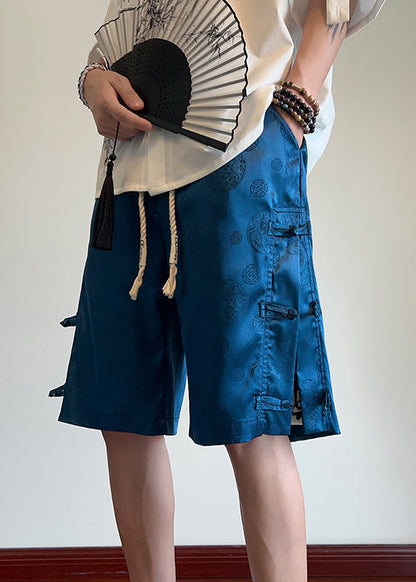 Cool Blue Pockets Print Chinese Button Ice Silk Shorts Summer