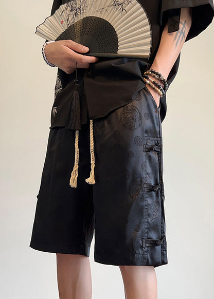 Cool Blue Pockets Print Chinese Button Ice Silk Shorts Summer