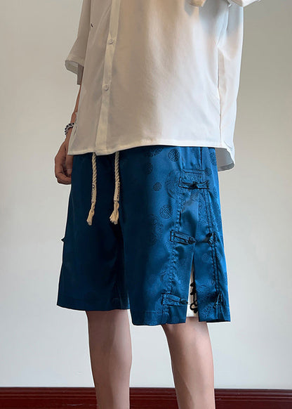 Cool Blue Pockets Print Chinese Button Ice Silk Shorts Summer