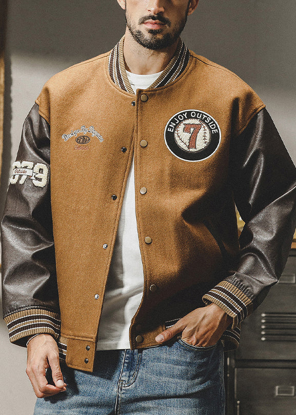 Cool Brown Button Patchwork Woolen Parkas Spring