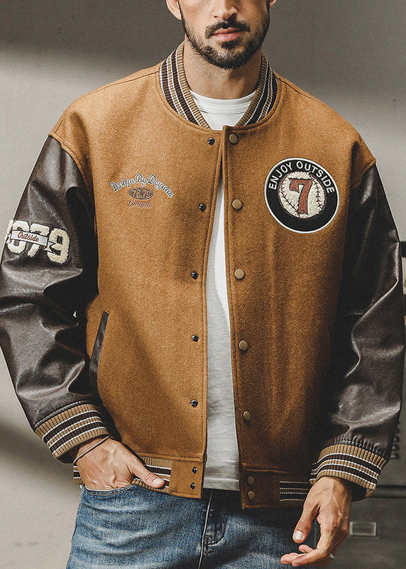 Cool Brown Button Patchwork Woolen Parkas Spring