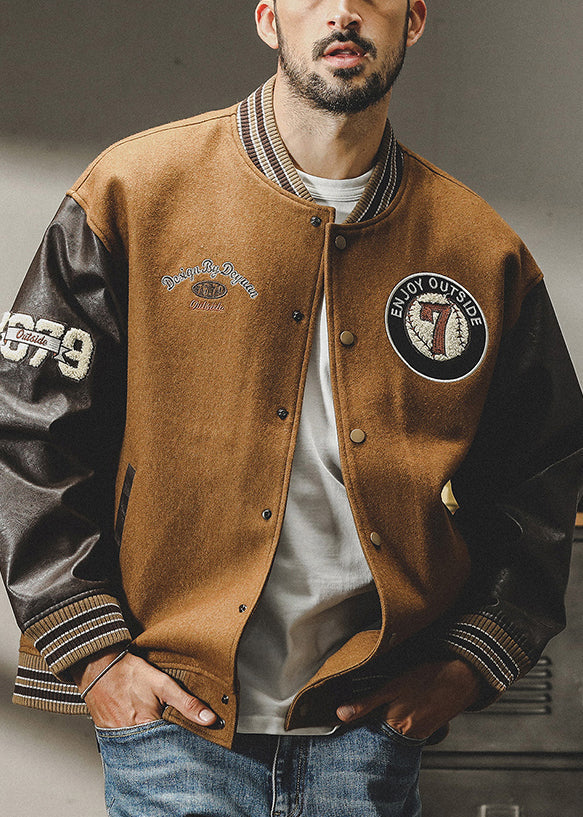Cool Brown Button Patchwork Woolen Parkas Spring