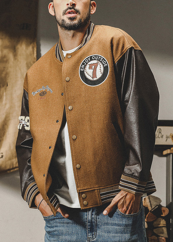 Cool Brown Button Patchwork Woolen Parkas Spring