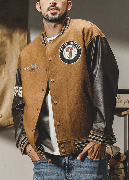 Cool Brown Button Patchwork Woolen Parkas Spring