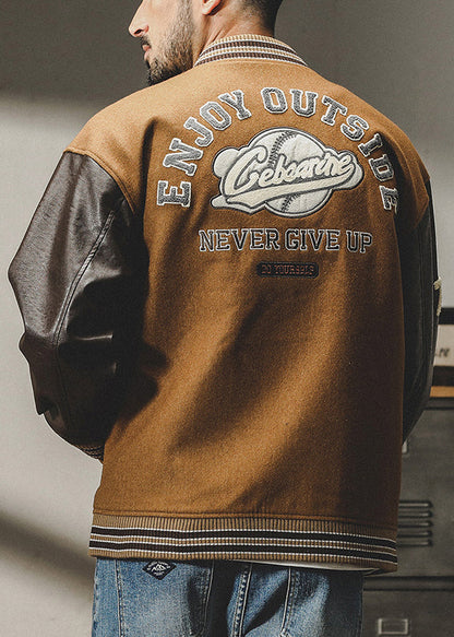 Cool Brown Button Patchwork Woolen Parkas Spring