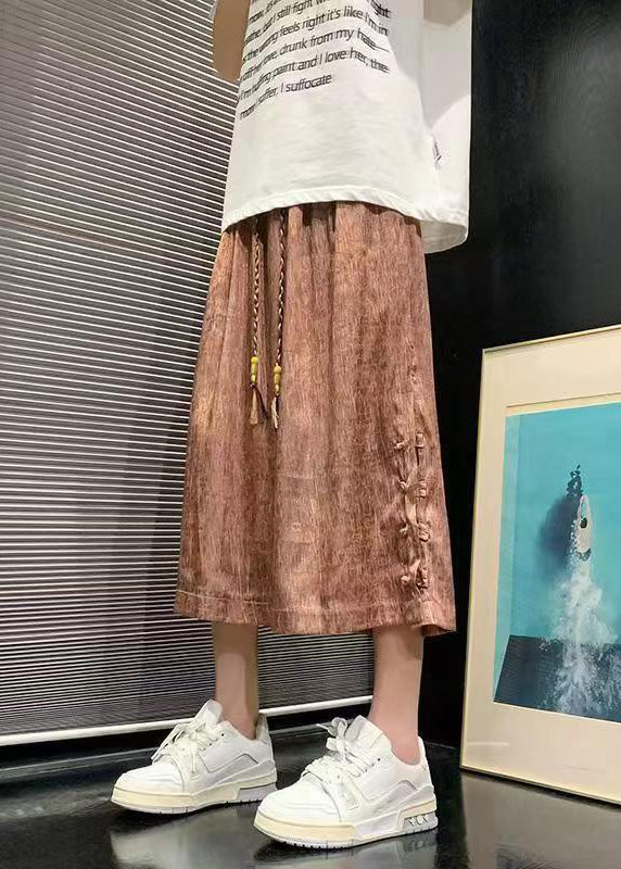 Cool Brown Chinese Button Patchwork Ice Silk Crop Pants Summer