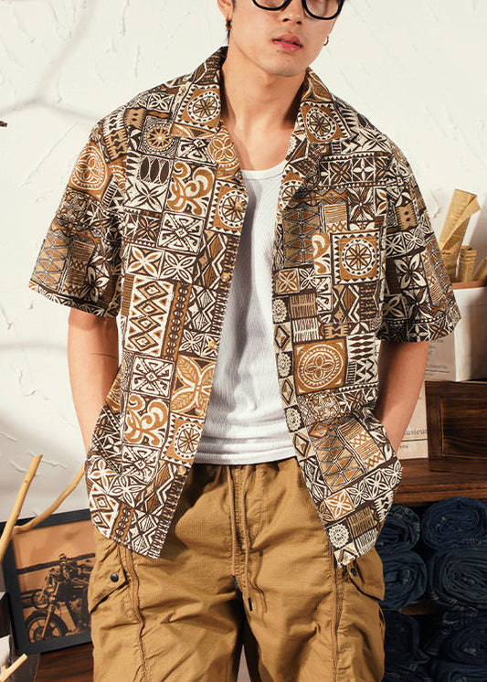 Cool Brown Peter Pan Collar Print Cotton Shirts Summer