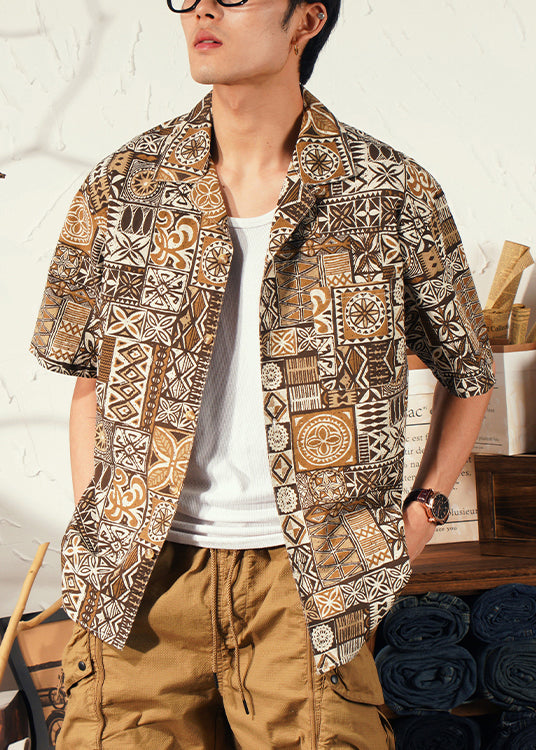 Cool Brown Peter Pan Collar Print Cotton Shirts Summer