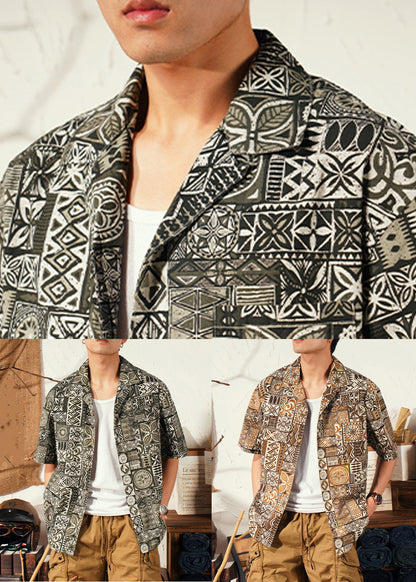 Cool Brown Peter Pan Collar Print Cotton Shirts Summer