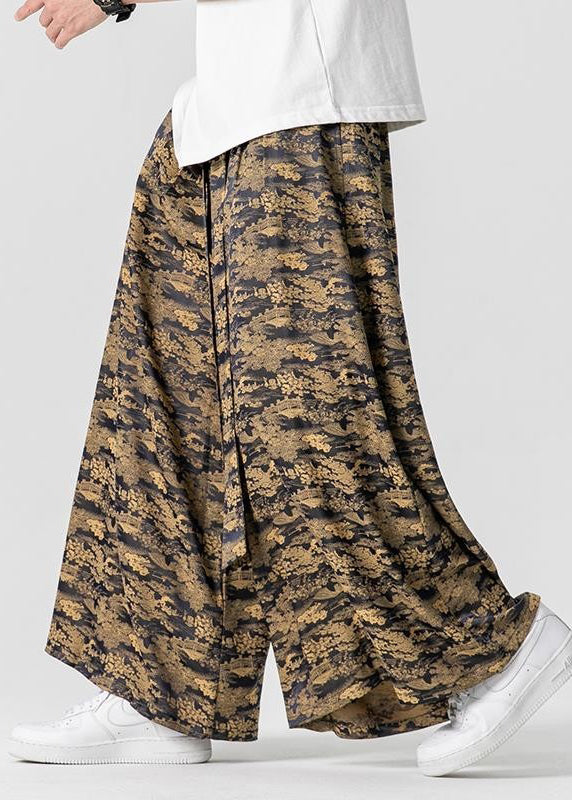Cool Brown Pockets Print Ice Silk Wide Leg Pants Summer