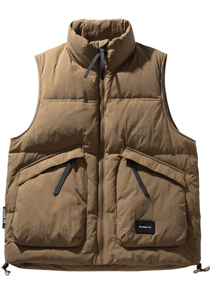 Cool Brown Stand Collar Zip Up Duck Down Vests Winter
