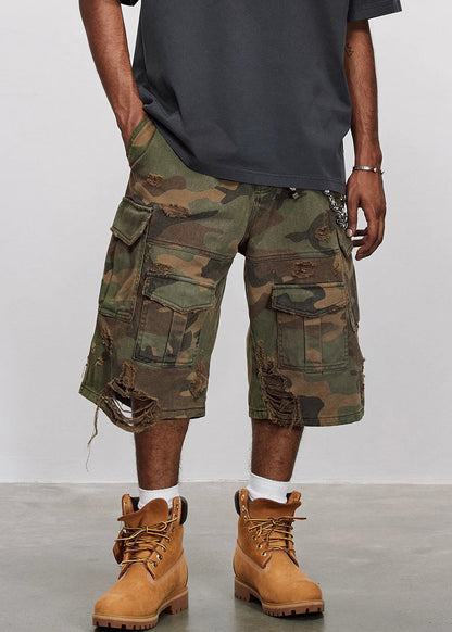 Cool Camouflage Hole Pockets High Waist Cotton Crop Pants Summer