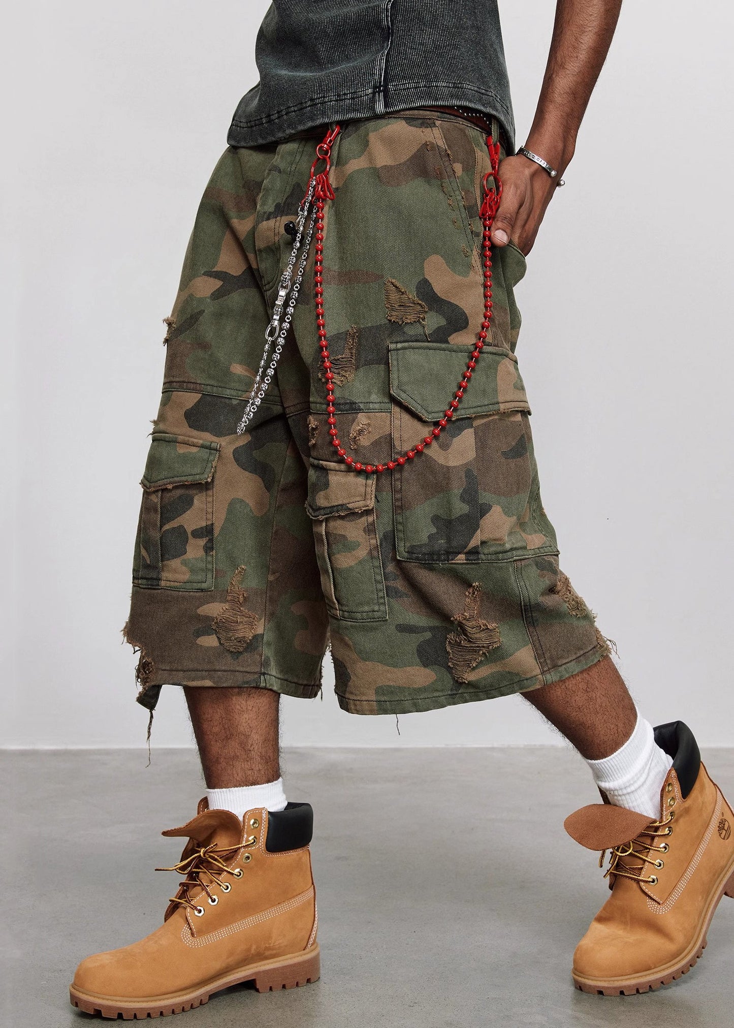 Cool Camouflage Hole Pockets High Waist Cotton Crop Pants Summer
