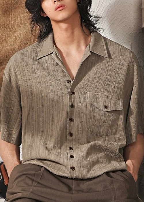 Cool Coffee Button Pockets Ice Silk Shirt Peter Pan Collar Summer