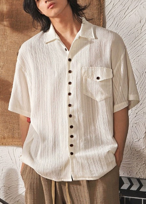 Cool Coffee Button Pockets Ice Silk Shirt Peter Pan Collar Summer