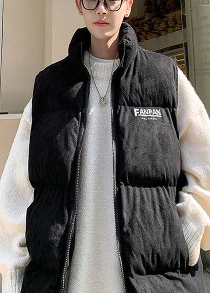 Cool Grey Oversized Letter Print Faux Suede Puffers Vests Winter